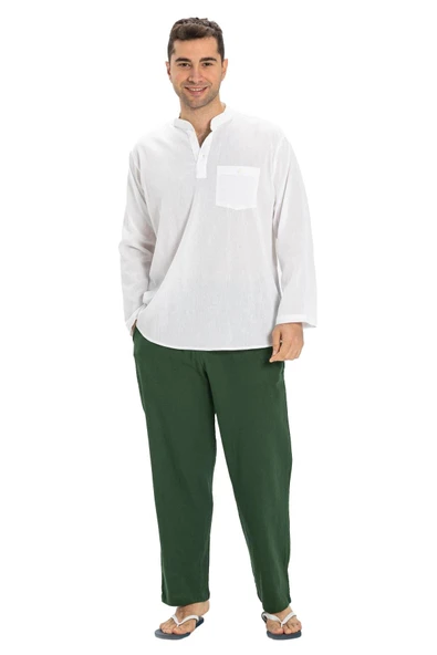 Büyük Beden Şile Bezi Uzun Kol Tek Cepli Hakim Yaka Erkek Yazlık Tshirt Beyaz 3001 - Resim 5