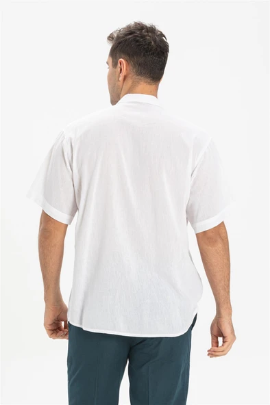 Büyük Beden Şile Bezi Kısa Kol Tek Cepli Hakim Yaka Erkek Yazlık Tshirt Beyaz 3001 - 2