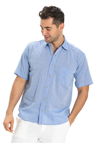 Büyük Beden Kısa Kol Şile Bezi Tek Cepli Erkek Yazlık Gömlek Mavi 3032 - Resim 5