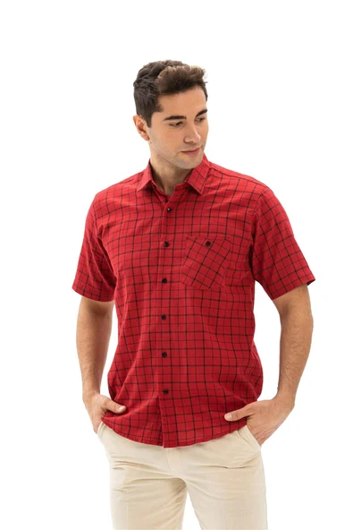 Büyük Beden Kısa Kol Şile Bezi Tek Cepli Erkek Yazlık Gömlek Kırmızı Kareli 3056 - Resim 6