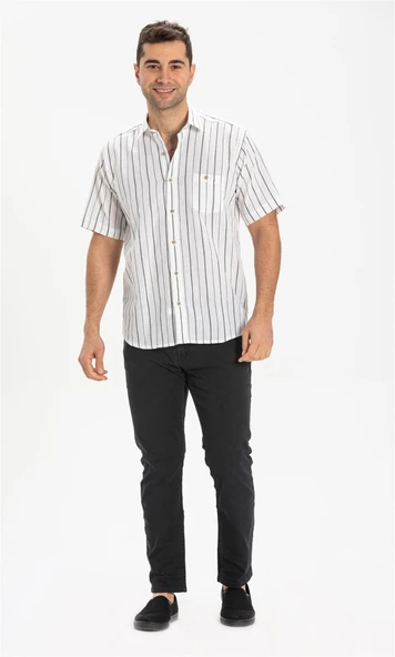 Büyük Beden Kısa Kol Şile Bezi Tek Cepli Erkek Yazlık Gömlek Beyaz Siyah Çizgili 3006 - Resim 3