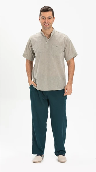 Büyük Beden Şile Bezi Kısa Kol Tek Cepli Hakim Yaka Erkek Yazlık Tshirt Taş 3031 - 4