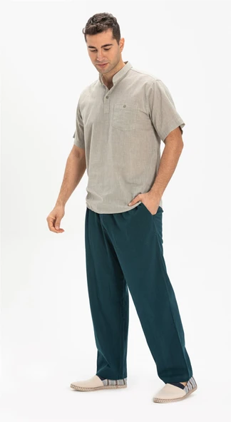 Büyük Beden Şile Bezi Kısa Kol Tek Cepli Hakim Yaka Erkek Yazlık Tshirt Taş 3031 - 5