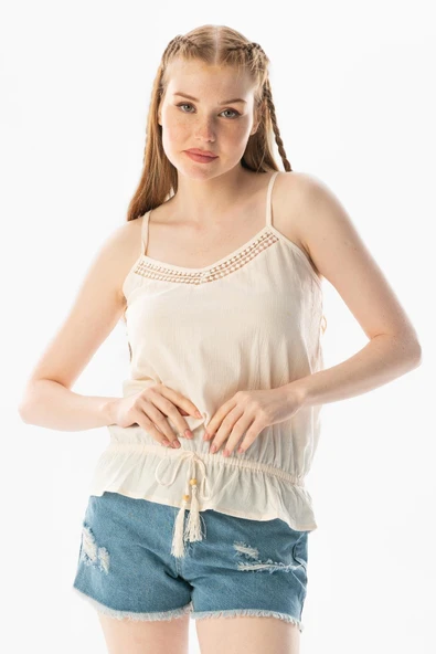 Askılı Şile Bezi Damla Yazlık Bluz Krem Krm S Krem ürün görseli