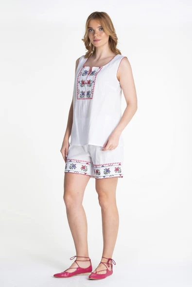 Kolsuz Şile Bezi İşlemeli Yazlık Atlet Beyaz Byz S Beyaz - Resim 5