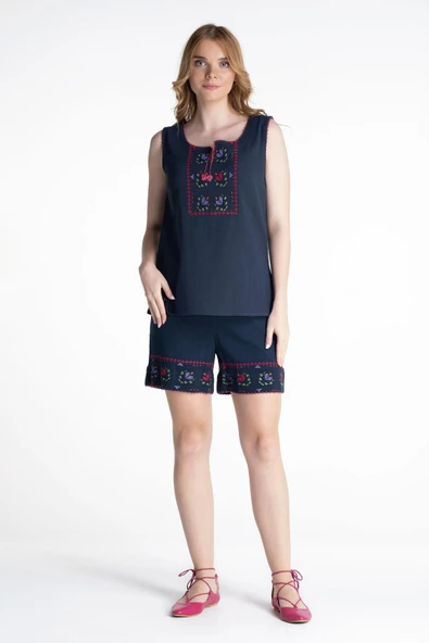 Kolsuz Şile Bezi İşlemeli Yazlık Atlet Lacivert Lcvt S Lacivert
