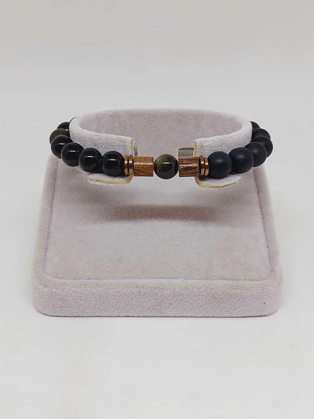 Golden Obsidyen & Oniks Taşı 8mm Unisex Tasarım Bileklik Hawaii Model (1250) - Resim 2