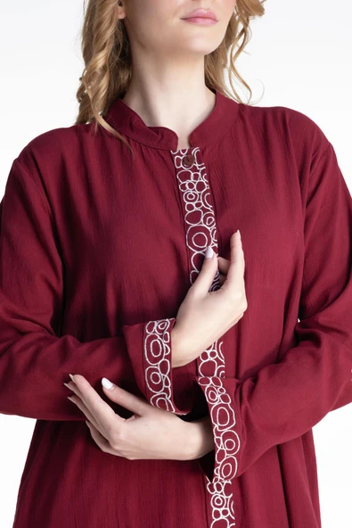 Halkalı Şile Bezi Ferace Pantolonlu Tesettür Takım Bordo Brd S Bordo - 3