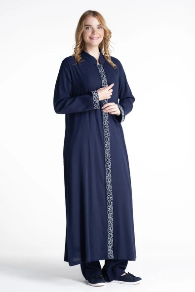 Halkalı Şile Bezi Ferace Pantolonlu Tesettür Takım Lacivert Lcvt S Lacivert - 4