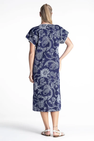 Kısa Kol Şile Bezi Baskılı Uzun Yazlık Elbise Çınar Desen Mor Mor - Resim 2