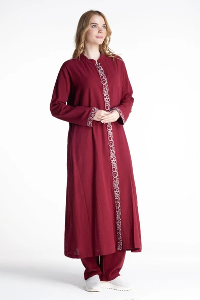 Halkalı Şile Bezi Ferace Pantolonlu Tesettür Takım Bordo Brd S Bordo - 4