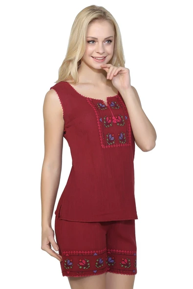 Kolsuz Şile Bezi İşlemeli Yazlık Atlet Bordo Brd S Bordo - Resim 4