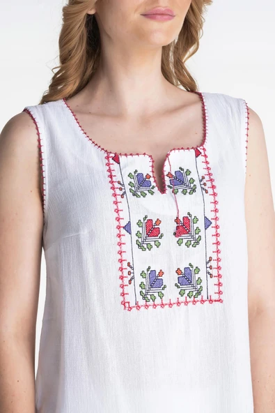 Kolsuz Şile Bezi İşlemeli Yazlık Atlet Beyaz Byz S Beyaz - Resim 3