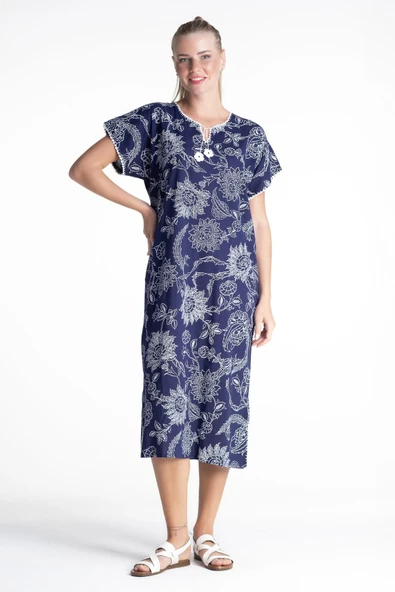 Kısa Kol Şile Bezi Baskılı Uzun Yazlık Elbise Çınar Desen Mor Mor ürün görseli