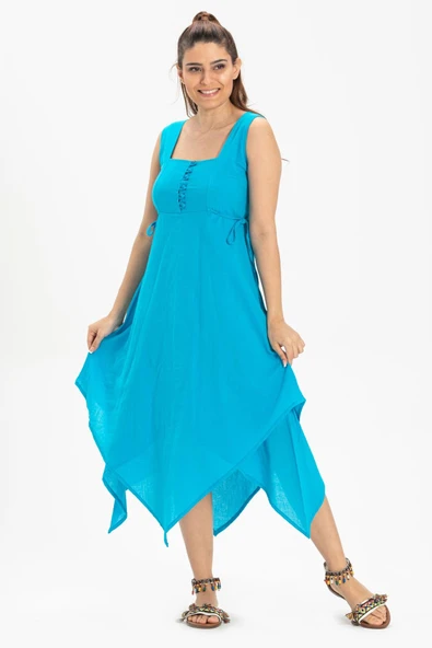 Kolsuz Şile Bezi Üçgen Katlı Midi Boy Yazlık Elbise Turkuaz Trkz - Resim 4