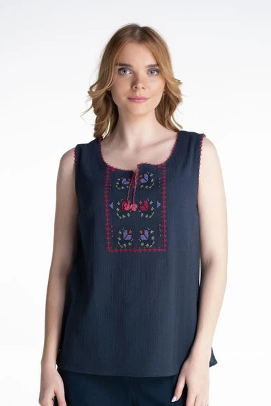 Kolsuz Şile Bezi İşlemeli Yazlık Atlet Lacivert Lcvt S Lacivert - 4