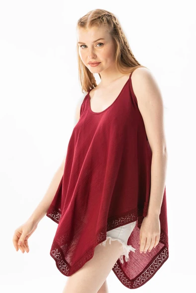 Askılı Şile Bezi Çağla Yazlık Bluz Bordo Brd S Bordo - Resim 5