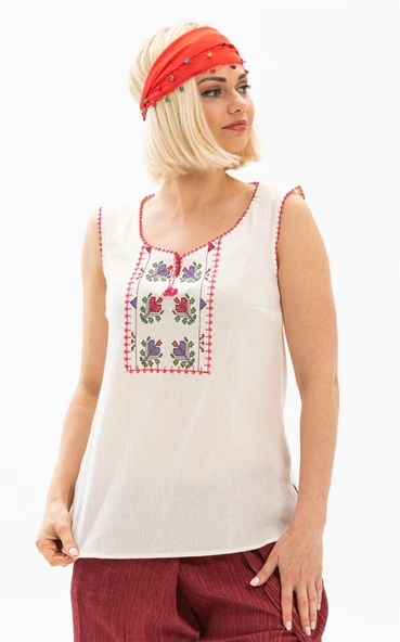 Kolsuz Şile Bezi İşlemeli Yazlık Atlet Krem Krm S Krem - Resim 4