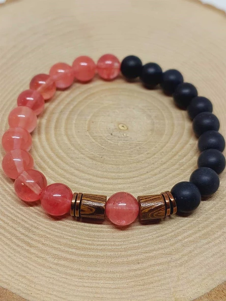 Gül Kuvars & Oniks Taşı 8mm Unisex Tasarım Bileklik Hawaii Model (14435) - Resim 6