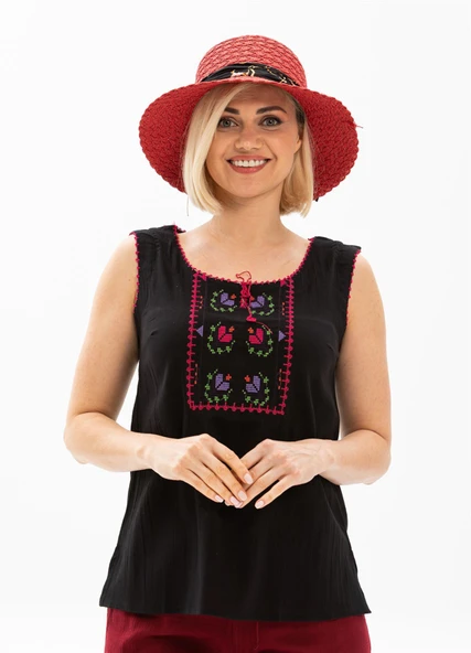 Kolsuz Şile Bezi İşlemeli Yazlık Atlet Siyah Syh S Siyah - Resim 2