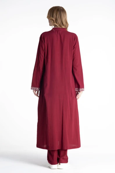 Halkalı Şile Bezi Ferace Pantolonlu Tesettür Takım Bordo Brd S Bordo - 2