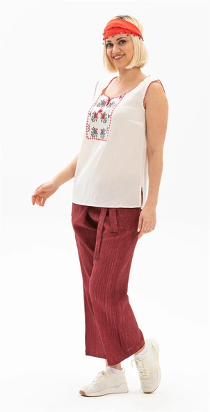 Kolsuz Şile Bezi İşlemeli Yazlık Atlet Krem Krm S Krem - Resim 5