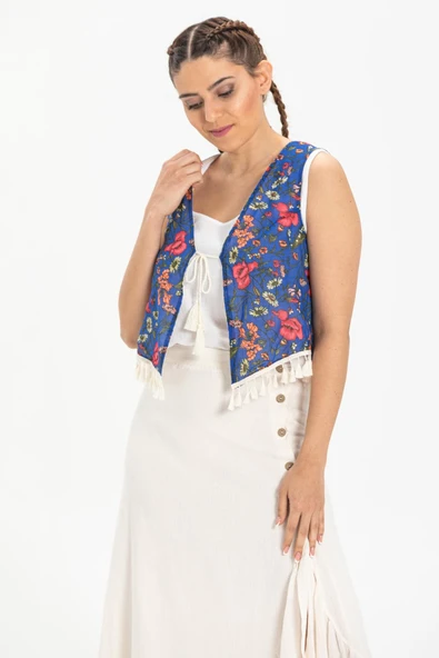 Otantik Vual Yazlık Yelek Saks Ekose 6158 S Saks - 2