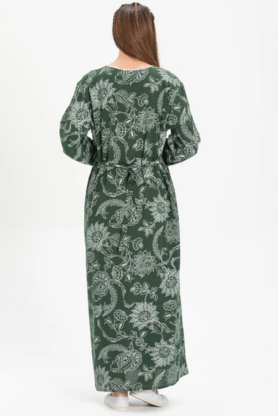 Uzun Kol Şile Bezi Baskılı Uzun Yazlık Elbise Çınar Desen Yeşil Ysl - Resim 2