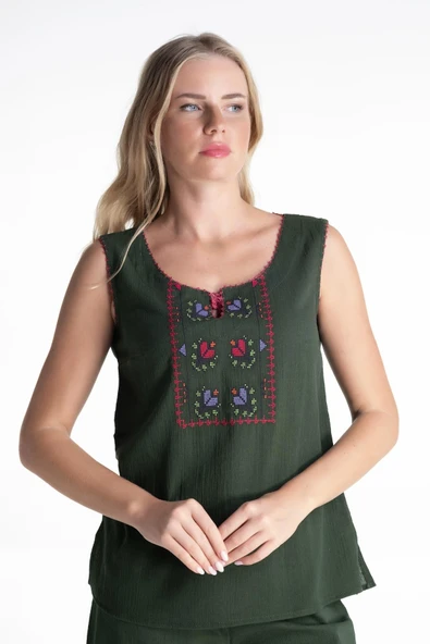Kolsuz Şile Bezi İşlemeli Yazlık Atlet Yeşil Ysl S Yeşil - 4
