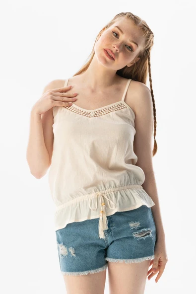 Askılı Şile Bezi Damla Yazlık Bluz Krem Krm S Krem - Resim 4