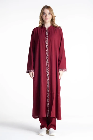 Halkalı Şile Bezi Ferace Pantolonlu Tesettür Takım Bordo Brd S Bordo