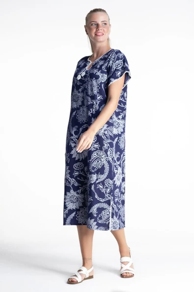 Kısa Kol Şile Bezi Baskılı Uzun Yazlık Elbise Çınar Desen Mor Mor - Resim 5