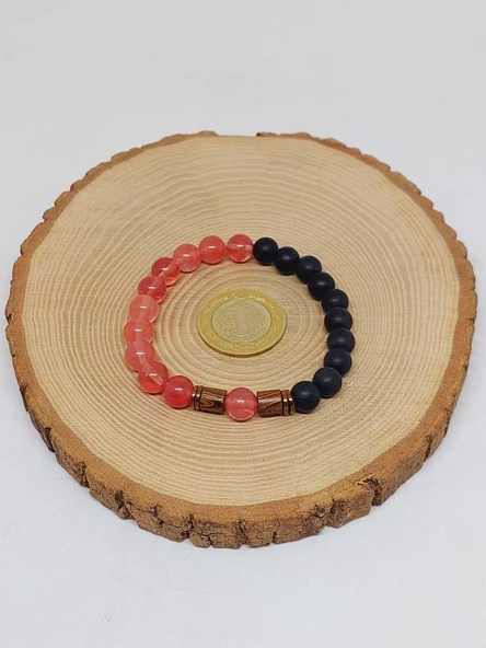 Gül Kuvars & Oniks Taşı 8mm Unisex Tasarım Bileklik Hawaii Model (14435) - Resim 5