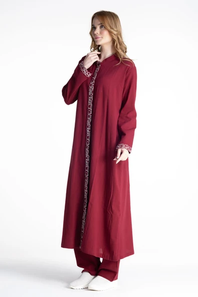 Halkalı Şile Bezi Ferace Pantolonlu Tesettür Takım Bordo Brd S Bordo - 5