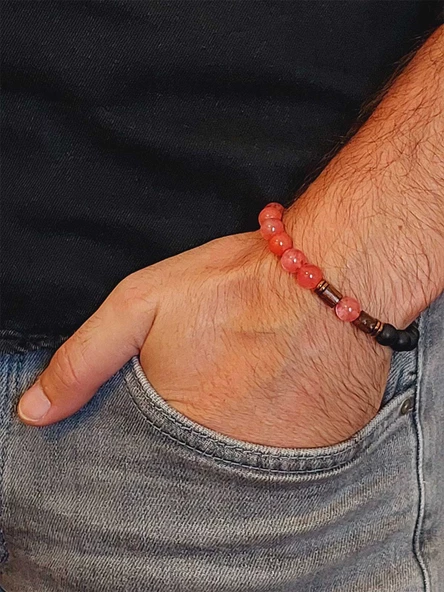 Gül Kuvars & Oniks Taşı 8mm Unisex Tasarım Bileklik Hawaii Model (14435) - Resim 3