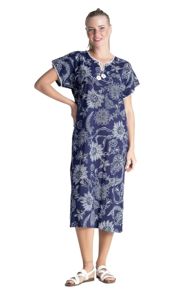 Kısa Kol Şile Bezi Baskılı Uzun Yazlık Elbise Çınar Desen Mor Mor - Resim 7