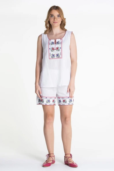 Kolsuz Şile Bezi İşlemeli Yazlık Atlet Beyaz Byz S Beyaz - Resim 4