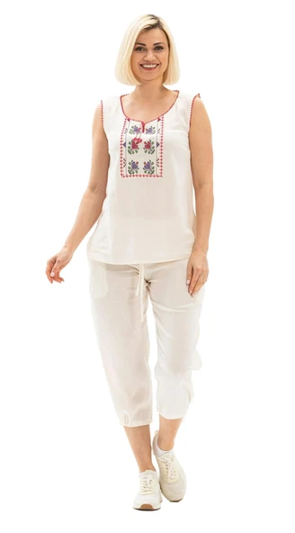Kolsuz Şile Bezi İşlemeli Yazlık Atlet Krem Krm S Krem - Resim 8