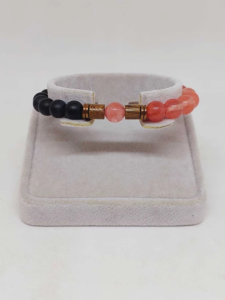 Gül Kuvars & Oniks Taşı 8mm Unisex Tasarım Bileklik Hawaii Model (14435) - Resim 2