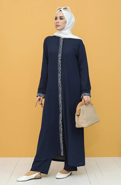 Halkalı Şile Bezi Ferace Pantolonlu Tesettür Takım Lacivert Lcvt S Lacivert - 6