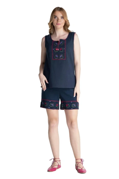 Kolsuz Şile Bezi İşlemeli Yazlık Atlet Lacivert Lcvt S Lacivert - 7