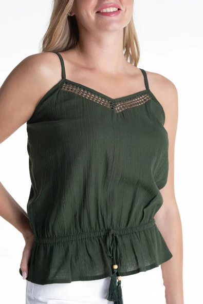 Askılı Şile Bezi Damla Yazlık Bluz Yeşil Ysl S Yeşil - Resim 3