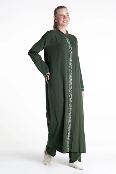 Halkalı Şile Bezi Ferace Pantolonlu Tesettür Takım Yeşil Ysl S Yeşil - 5