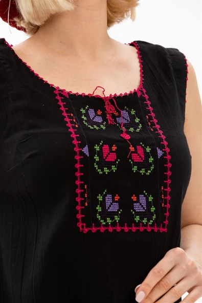 Kolsuz Şile Bezi İşlemeli Yazlık Atlet Siyah Syh S Siyah - Resim 4