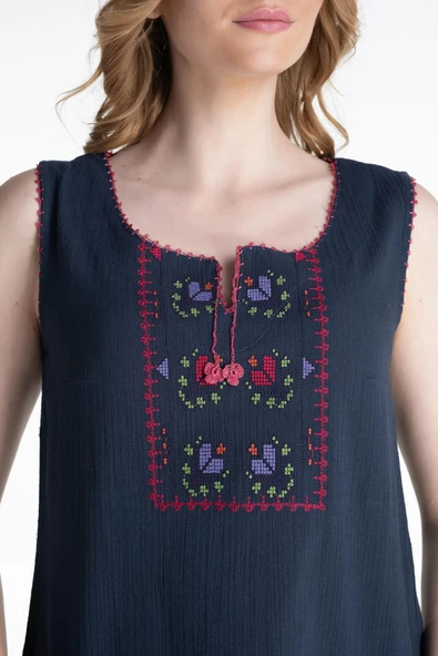 Kolsuz Şile Bezi İşlemeli Yazlık Atlet Lacivert Lcvt S Lacivert - 3