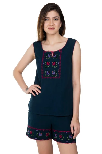 Kolsuz Şile Bezi İşlemeli Yazlık Atlet Petrol Ptrl S Petrol - Resim 6