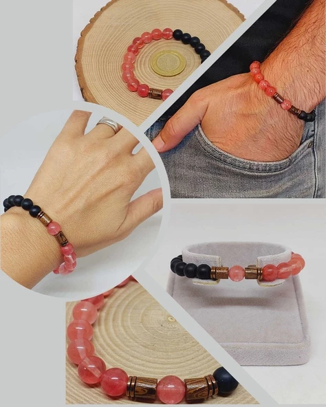 Gül Kuvars & Oniks Taşı 8mm Unisex Tasarım Bileklik Hawaii Model (14435) ürün görseli