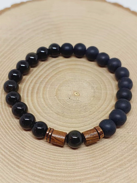 Golden Obsidyen & Oniks Taşı 8mm Unisex Tasarım Bileklik Hawaii Model (1250) - Resim 6