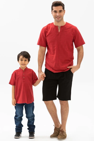 Kısa Kol Şantuklu Pamuk Bodrum Yazlık Erkek Çocuk Tshirt Kırmızı 3051 1-2 Yaş Kırmızı - Resim 4