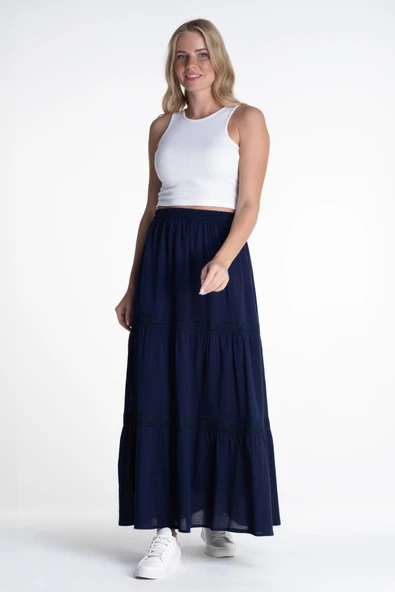 Uzun Şile Bezi Dantelli Yazlık Etek Lacivert Lcvt S/M Lacivert - 2